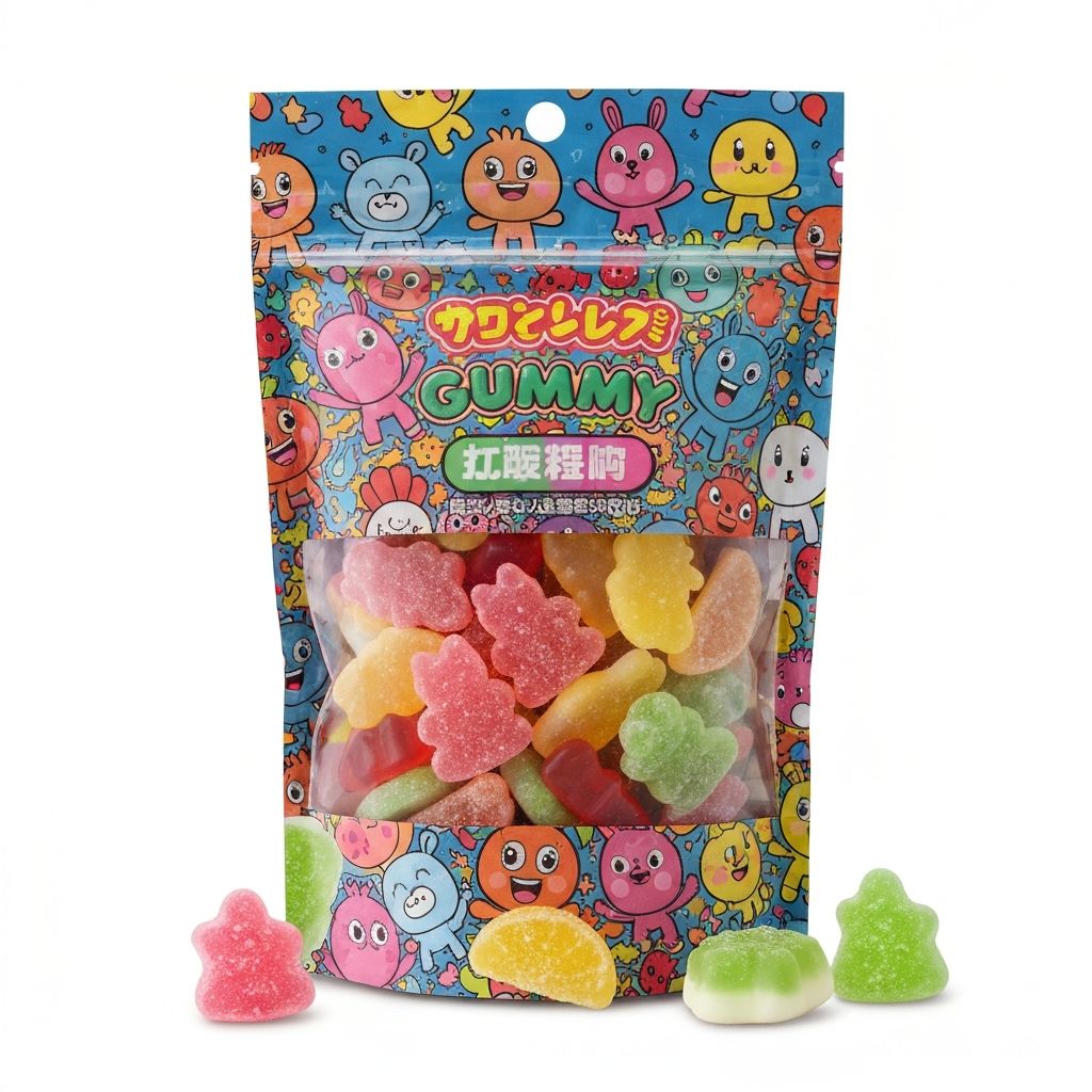 Colorful mylar pouches for gummies and candy